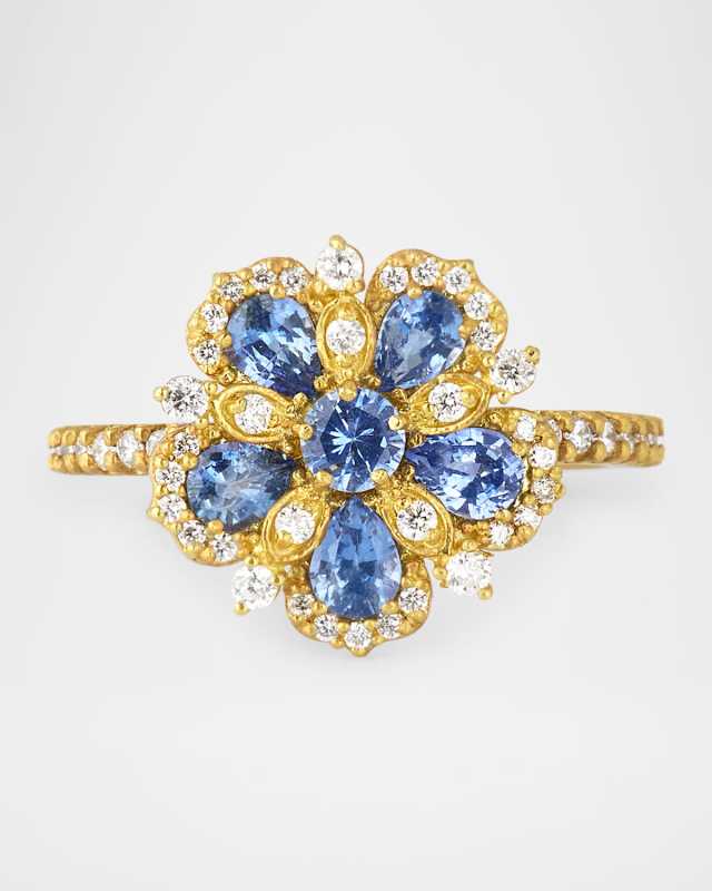 18K Yellow Gold Jasmine Bloom Diamond and Blue Sapphire Statement Ring